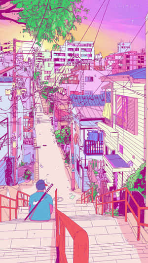 一個人在日落時分行走在色彩繽紛的城市小巷中。 — 日本動漫 壁紙
