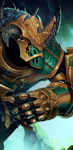 身穿華麗金色和綠色盔甲及尖刺護手的奇幻戰士。 — Runescape 壁紙