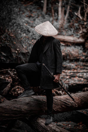 一個戴著圓錐形帽子的斗篷人物坐在森林中的一根倒下的木頭上，手持一把劍。 — 混沌武士 壁紙