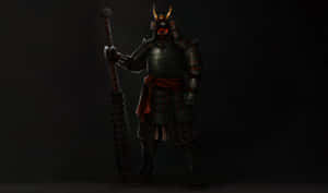 身穿黑色盔甲的武士，手持帶刺長戟，眼睛發出紅光。 — 混沌武士 壁紙