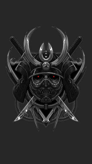 雙眼發出紅光的武士頭骨，被劍和匕首環繞。 — 混沌武士 壁紙