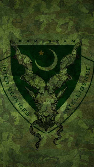Pakistan Inter Services Intelligence徽章，帶有山羊頭骨和蛇，迷彩背景。 — 巴基斯坦國旗 壁紙