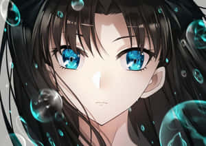 擁有藍色眼睛和深色頭髮的動漫女孩，被發光的氣泡包圍。 — 動漫女孩 壁紙