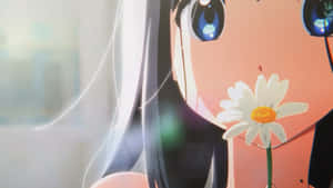 藍眼睛的動漫女孩將一朵雛菊放在臉旁。 — 愛情故事 壁紙
