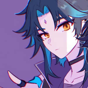 動漫角色，藍色頭髮和琥珀色眼睛，在紫色背景下持刀。 — Xiaomi 壁紙