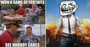 遊戲迷因，Fortnite 玩家慶祝勝利，角色在爆炸場景中帶有 troll face。 — 遊戲 壁紙