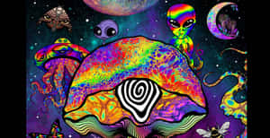 一條帶有螺旋眼睛的迷幻外星魷魚在太空中漂浮，周圍有UFO和天體。 — 蘑菇美學 壁紙
