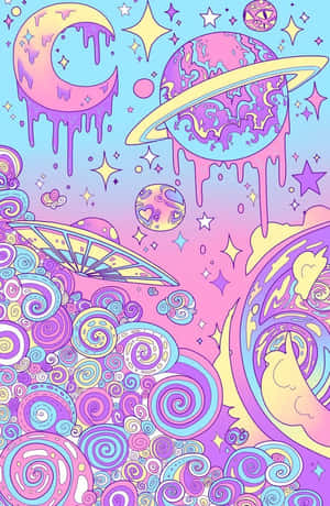 色彩鮮豔的宇宙插圖，有滴落的行星、星星和漩渦狀的雲彩，採用柔和色調。 — 哥德式動圖 壁紙