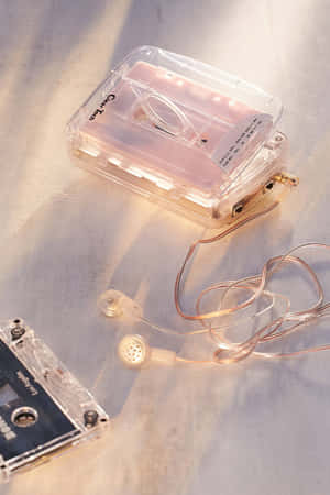 溫暖陽光下，大理石上的透明卡式錄音帶和銅色耳機。 — 美學音樂 壁紙
