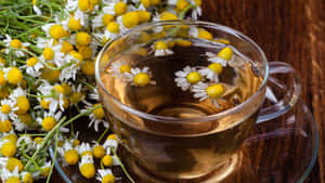 玻璃杯中的洋甘菊茶與木桌上的鮮花 — 茶 壁紙