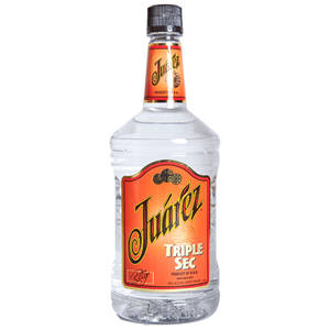 一瓶帶有橙色標籤和黑色瓶蓋的Juárez Triple Sec利口酒。 — 乾淨 壁紙