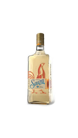 白色背景上的Sauza Gold龍舌蘭酒瓶，帶有紅色公雞標誌 — 金色動態 壁紙