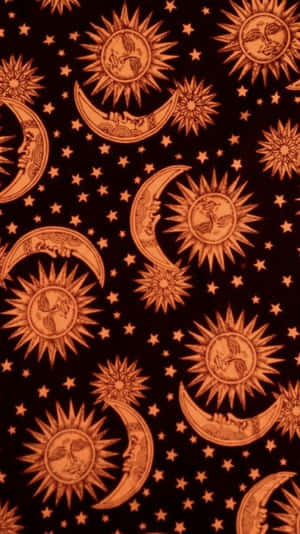 深色背景上橙色太陽月亮星星的天體圖案 — 月亮與星星 壁紙