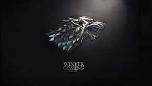 金屬冰原狼頭標誌，深色背景上帶有'Winter is Coming Stark'文字。 — 冬季房屋 壁紙