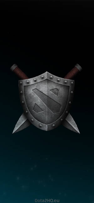 Dota 2盾牌與劍標誌在深藍綠色背景上發光 — iPhone 12 mini 壁紙