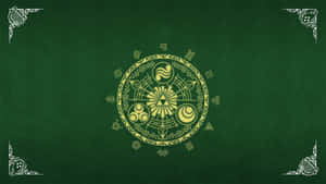金色三角力量符號，帶有幾何圖案，位於深綠色紋理背景上。 — 薩爾達 壁紙