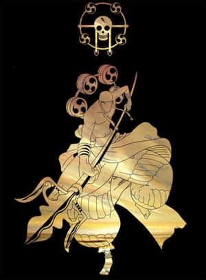 金色動漫戰士，背上三個骷髏頭，上方有骷髏標誌，手持長矛。 — Kindle Paperwhite 壁紙