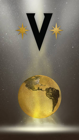 金色地球儀在黑色 V 符號下，與太空中的星星一起。 — 金廟 壁紙