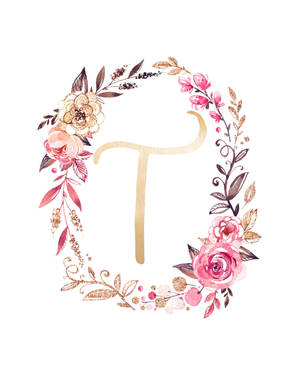 優雅的水彩花環，以粉紅玫瑰和金色點綴圍繞金色字母 T。 — 字母e 壁紙