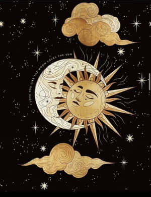 月亮和太陽與星星和雲朵擁抱的天體插圖。 — Kindle Paperwhite 壁紙