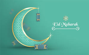 青綠色背景上新月和燈籠的Eid Mubarak祝福。 — 慶祝 壁紙