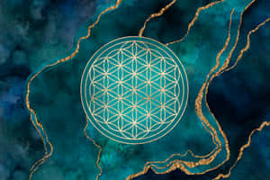 金色生命之花符號在藍綠色水彩背景上帶有金色紋理。 — 唯美花卉 壁紙