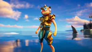 金色盔甲魚角色站在海洋中，背景有鯊魚鰭和船。 — 魚棒 Fortnite 壁紙