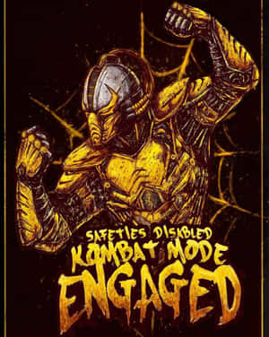 金色裝甲戰士展示肌肉，附有文字「Safeties Disabled Kombat Mode Engaged」。 — Apple Watch Ultra 壁紙