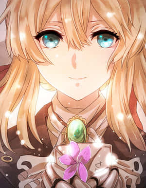 藍眼睛的動漫少女手持發光寶石和粉紅色花朵。 — 舊金山 iPhone 壁紙