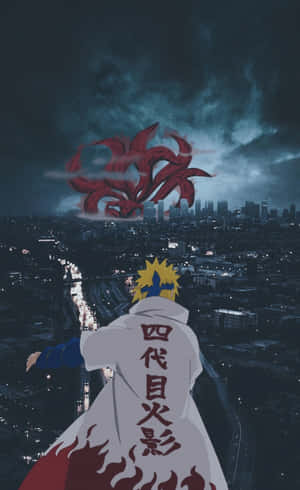 忍者面對黑暗城市上空巨大的紅色狐靈（夜晚） — Galaxy Tab A 壁紙