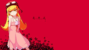 金髮動漫女孩，身穿粉紅色連衣裙和紅色帽子，站在帶有日文字符的紅色背景前。 — 三島一八 壁紙