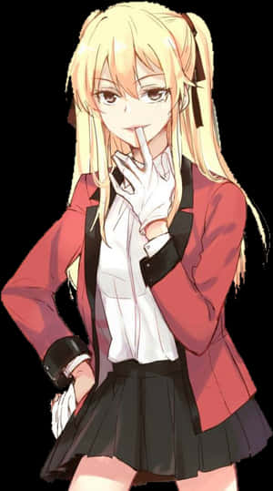 金髮動漫女孩穿著校服，手指放在嘴唇上