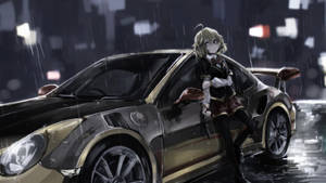 動漫女孩在雨夜的城市中靠在跑車上。 — 動漫汽車 壁紙