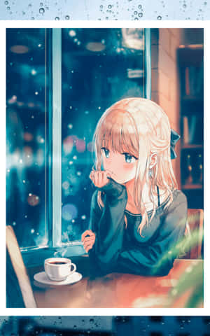 金髮動漫女孩在舒適的咖啡館裡，在雪窗前喝咖啡。 — Pixel Tablet 壁紙