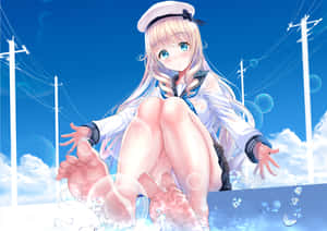 動漫女孩穿著水手服，赤腳坐在水中，氣泡漂浮。 — 動畫女孩 壁紙