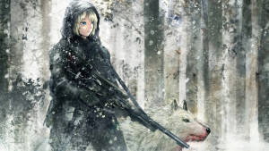 動漫女孩在雪地森林中與步槍和白狼一起。 — 狼少女 壁紙