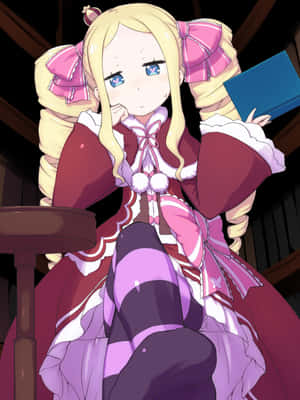 穿著女僕裝的動漫女孩拿著藍色的書坐在木凳上 — Kindle 壁紙