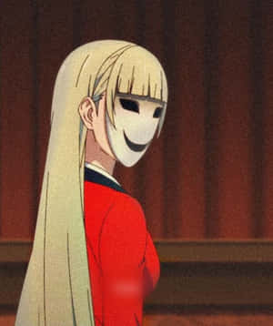 金髮動漫女孩，白色面具，紅色校服，紅色窗簾前。 — 可愛動漫女孩 壁紙