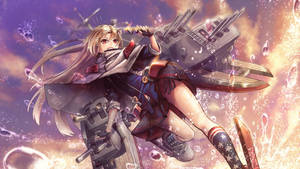 動漫女孩穿著軍服，騎著戰艦穿過閃爍的天空。 — 碧藍航線 壁紙