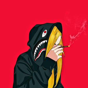金發動漫女孩穿著鯊魚連帽衫在紅色背景前抽大麻煙。 — 卡通 壁紙