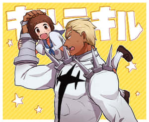 動漫男孩抱起穿著水手服的動漫女孩，背景有星星和粗體文字。 — 斬！赤紅之瞳 壁紙