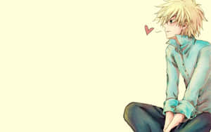 金髮動漫男孩穿著青綠色襯衫，坐著並有一顆漂浮的心。 — 女僕大人 壁紙