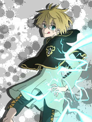 金髮藍眼的動漫男孩在黑色斗篷中引導電閃電。 — 拉克·波尔提亚 壁紙
