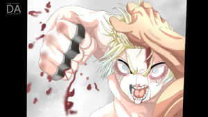 動漫角色臉上沾滿鮮血，緊握拳頭，憤怒地尖叫。