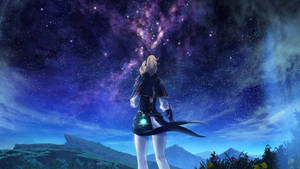 穿著奇幻服裝的動漫角色站在星空下的山丘上 — 電玩遊戲 GIF 壁紙