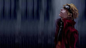 動漫角色穿紅色外套站在雨中，背後有森林 — 超讚動畫 壁紙