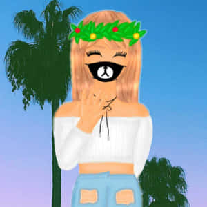 一個戴著花環的卡通女孩在暮色中的棕櫚樹下大笑。 — 酷炫 Roblox 壁紙