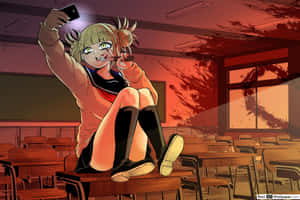 有角的動漫女孩在染血的教室自拍。 — 日向雛田 壁紙