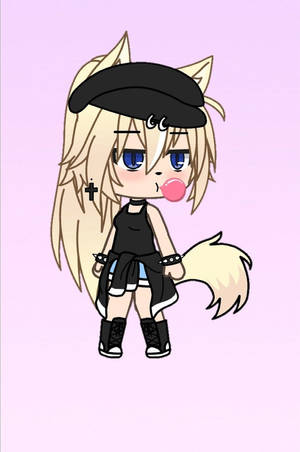 狐狸耳朵的chibi動漫女孩吹泡泡糖，戴著黑色貝雷帽和衣服。 — 可愛女孩 壁紙