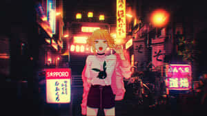 動漫女孩在霓虹燈照亮的日本街道夜晚，帶有發光招牌。 — 洛米安傳奇 壁紙